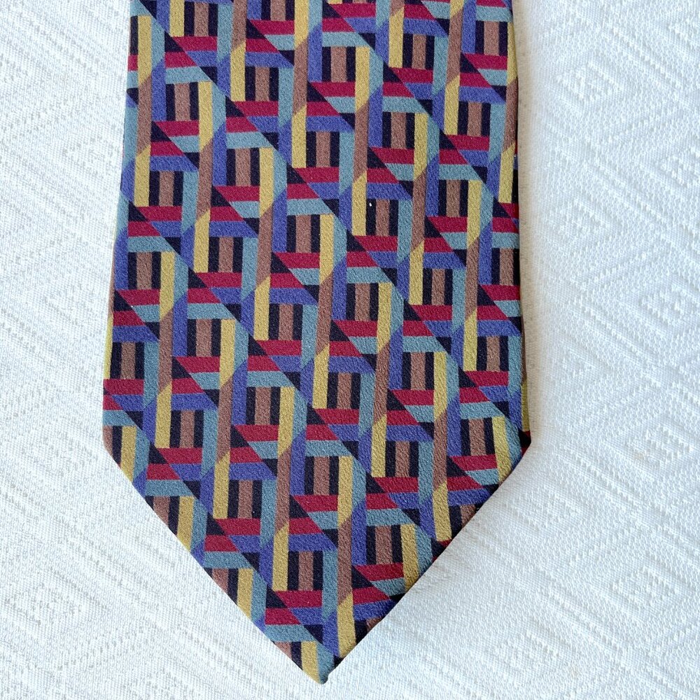 Jhane Barnes Silk tie red gold blue black green geometric original fabric retro